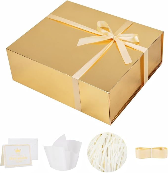 UoeRing 1 Extra Large Gold Gift Box 17x14.5x6 inch Luxury Gift Box for Presents with Magnetic Closure Lid Collapsible,Birthday,Christmas,Contains Card, Ribbon,Tissue Paper,Shredded Paper Filler