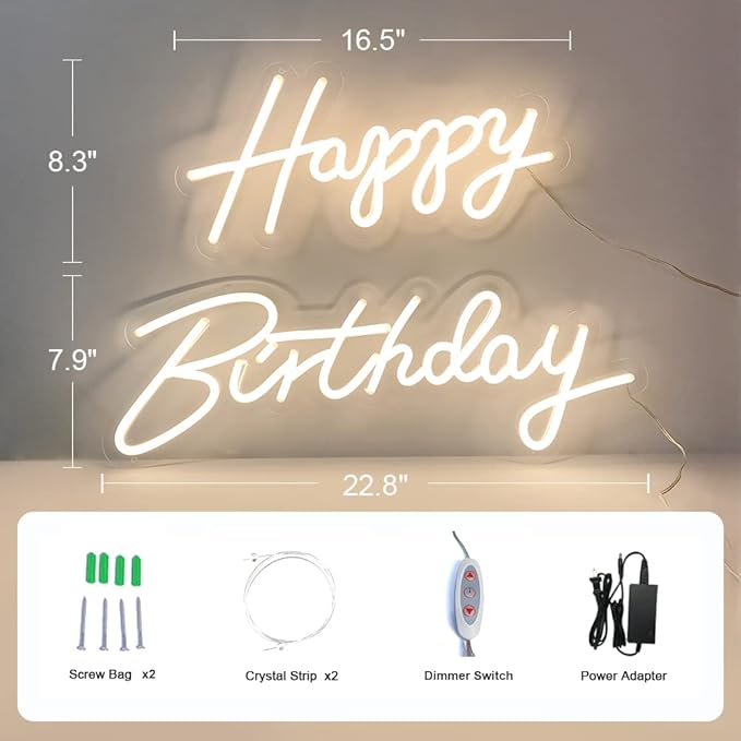 40"/23" Happy Birthday Neon Sign Large - Happy Birthday Sign 12V - Happy Birthday Light Up Sign with Dimmable Switch - 2PCS Happy Birthday LED Sign for Backdrop, Party, Celebration, Decoration