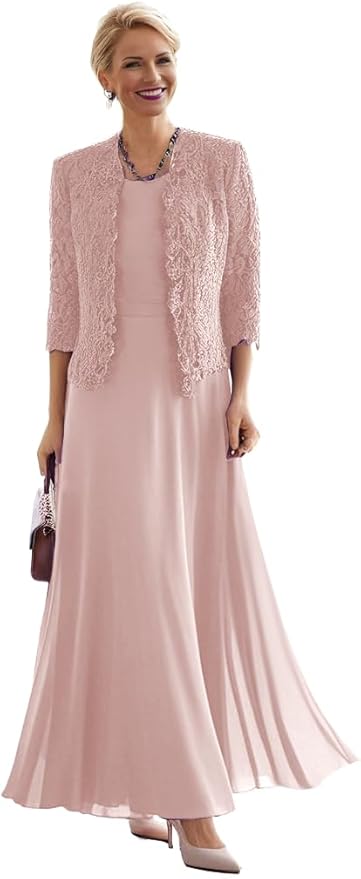 2 Pieces Mother of The Bride Dresses for Women Laces Mother of The Groom Dress 3/4 Sleeve Chiffon Formal Evening Dresses