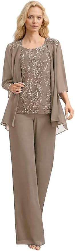 3 Pieces Mother of The Bride Pant Suits Long Laces Appliques 3/4 Sleeves Chiffon Mother of The Groom Dress