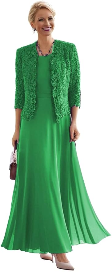 2 Pieces Mother of The Bride Dresses for Women Laces Mother of The Groom Dress 3/4 Sleeve Chiffon Formal Evening Dresses