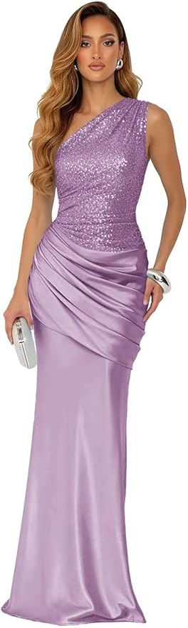 Sparkly Sequins Mermaid Prom Dress 2026 for Women Long Satin One Shoulder Asymmetrical Pleated Formal Evening Gown