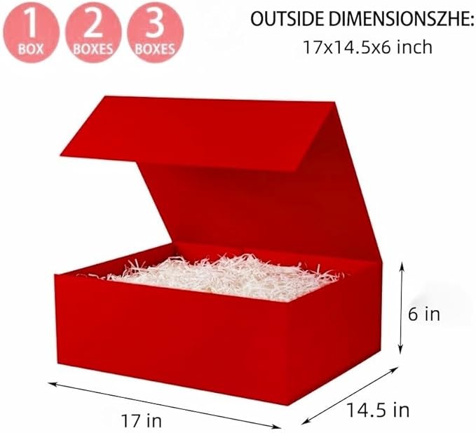 UoeRing 1 Extra Large Red Gift Box 17x14.5x6 inch Luxury Gift Box for Presents with Magnetic Closure Lid Collapsible,Birthday,Christmas,Contains Card, Ribbon,Tissue Paper,Shredded Paper Filler
