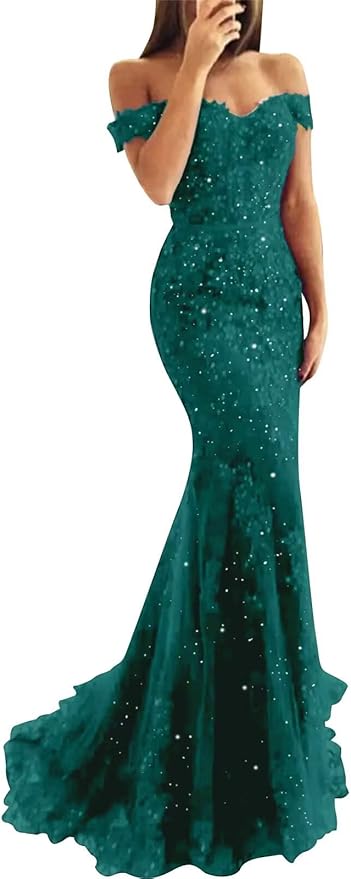 Tulle Long Prom Dresses Off The Shoulder Mermaid Dress with Elegant Laces Appliques Formal Evening Party Gowns