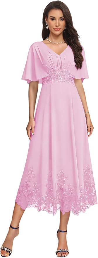 Tea Length Mother of The Bride Dress with Sleeves Laces Formal Evening Gowns for Wedding V Neck Wedding Guest Gown ZMX37