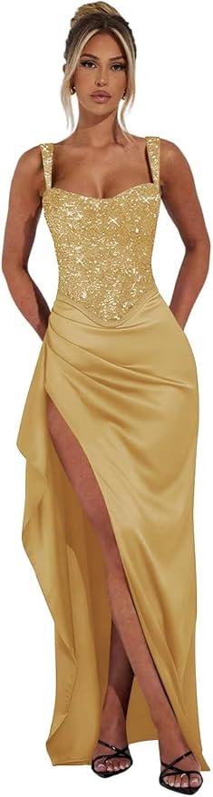 Basgute Sparkly Sequin Prom Dresses for Women 2026 Mermaid Corset Long Slit Ball Gown Formal Evening Party Dress