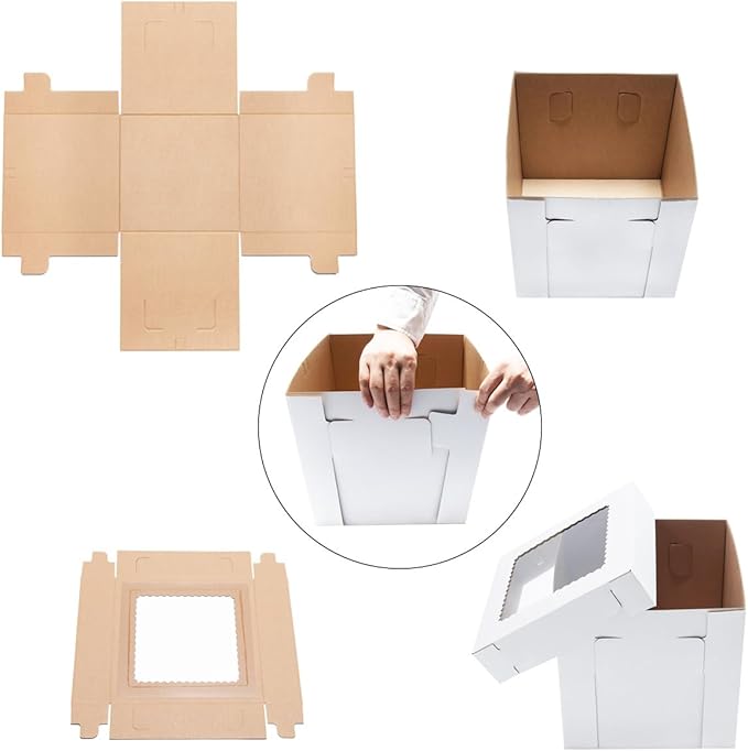 JJO Tall Cake Boxes for Tier Cakes, 14x14x12 Inches 3 Pack,Whie Cake Boxes with Window,Disposable Cake Containers, Sturdy Wedding Tall Cake Carrier