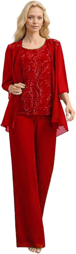 3 Pieces Mother of The Bride Pant Suits Long Laces Appliques 3/4 Sleeves Chiffon Mother of The Groom Dress