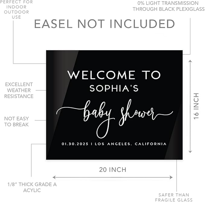 Andaz Press 16X20 Black Acrylic Personalized Baby Shower Welcome Sign, Gender Neutral Script Large Custom Sign For Easel Stand, Baby Shower Decorations, Personalized Baby Shower Sign, Custom Signs