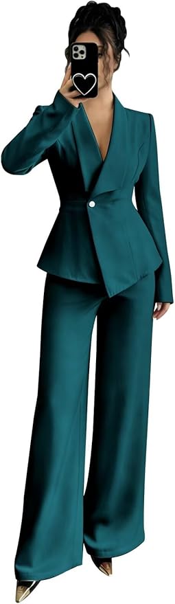 Pant Suits for Women Dressy 2 Piece Womens Pantsuit Long Sleeve Lapel V-Neck Formal Outfit for Wedding Guest