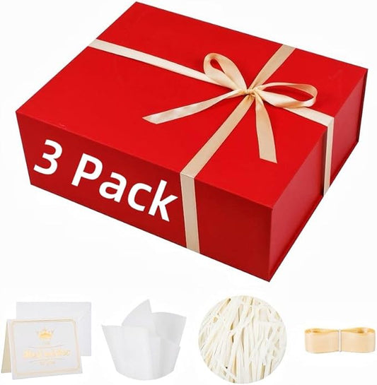 UoeRing 3 Pack Extra Large Red Gift Box 20x16x7 inch Luxury Gift Box for Presents with Magnetic Closure Lid Collapsible,Birthday,Christmas,Contains Card, Ribbon,Tissue Paper,Shredded Paper Filler