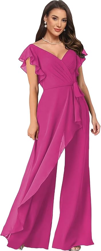 Chiffon Mother of The Bride Jumpsuits for Women Asymmetrical Pant Suits Flutter Sleeve V Neck Formal Evening Outfits