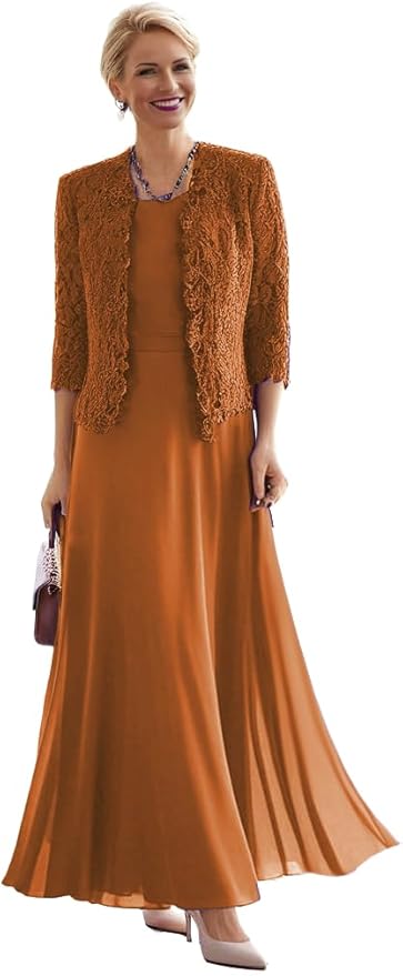 2 Pieces Mother of The Bride Dresses for Women Laces Mother of The Groom Dress 3/4 Sleeve Chiffon Formal Evening Dresses