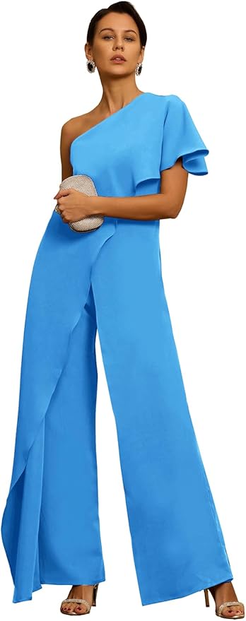 Mother of The Bride Jumpsuit Chiffon One Shoulder Ruffles Wedding Guest Pantsuit for Women