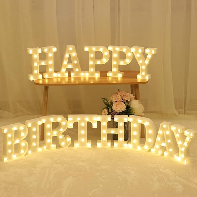 173pcs Happy Birthday LED Marquee Light Up Letters Sign Birthday Decorations with Crown Gold Foil Balloons and Banner for Anniversary Party Night Lamp Banquet Props