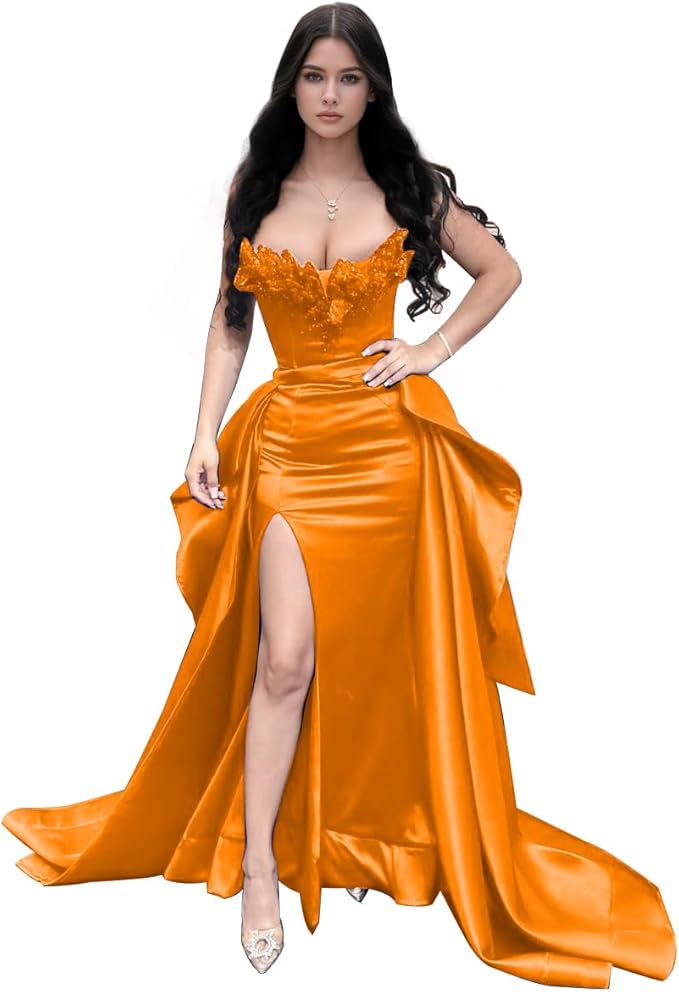 GARDOM Mermaid Satin Prom Dress 2026 Strapless Ball Gown Leaf Ruffle Sequin Slit Formal Dresses for Women Evening Wedding