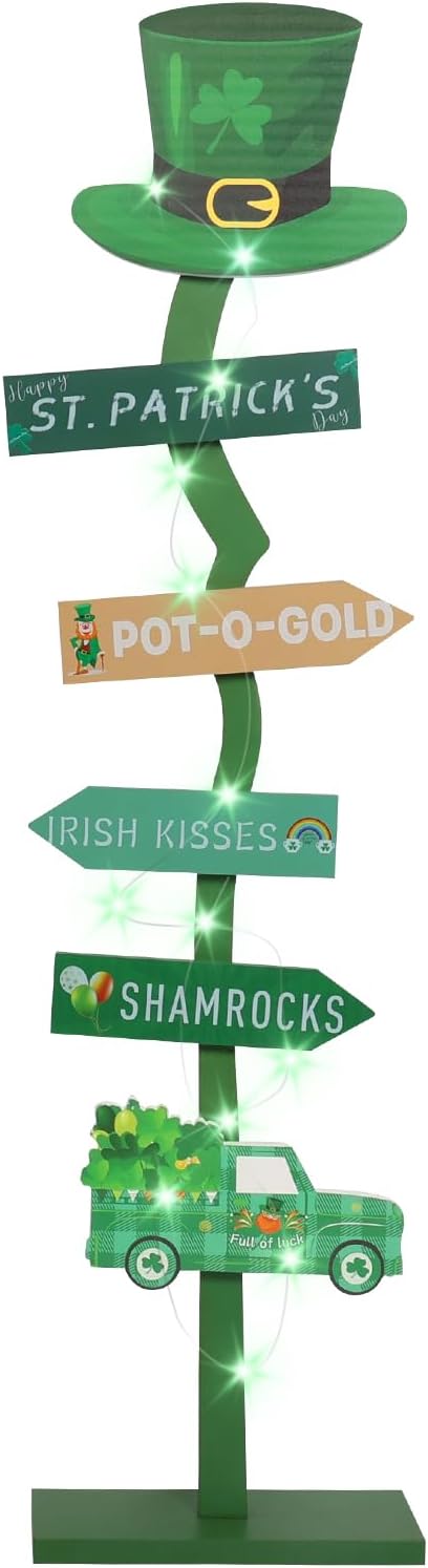 43.8" Lighted Wooden St. Patrick's Day Porch Sign Leprechaun Hat Shamrock Irish Train Standing Signs With Base For Indoor Outdoor Yard Decor