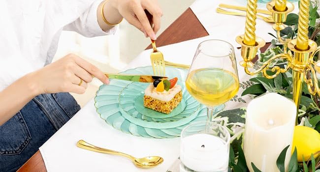 YOUBET 125PCS Clear Green Plastic Plates with Gold Rim - Green and Gold Plastic Plates Include 25 Dinner Plate 25 Dessert Plate 75 Disposable Silverwares for Wedding & Party