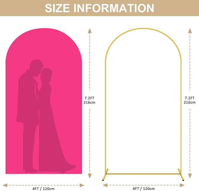 Metal Arch Backdrop Stand and Arch Cover 7.2FT Wedding Arch Stand with Hot Pink Backdrop Cover 2 Sides Spandex Fitted Arched Stands with Covers Set for Bridal Shower Banquet Decorations