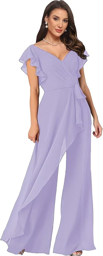 Chiffon Mother of The Bride Jumpsuits for Women Asymmetrical Pant Suits Flutter Sleeve V Neck Formal Evening Outfits