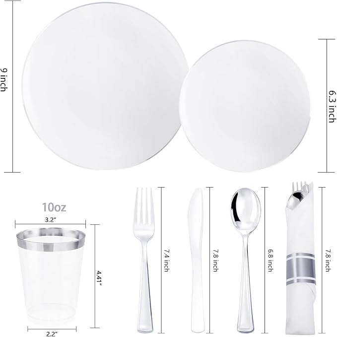 KIRE 350 PCS Plastic Dinnerware Set for 50 Guests, Silver Plastic Plates Include 50 Dinner, 50 Dessert Plates, 50 Pre Rolled Napkins with Silverware, 50 Cups for Wedding, Party, Banqet, Christmas