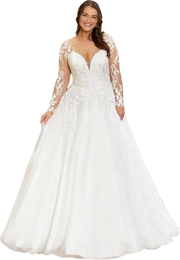 Plus Size Wedding Dresses for Bride Long Sleeve Wedding Bridal Gowns with Lace Appliques Off Shoulder Bride Dress