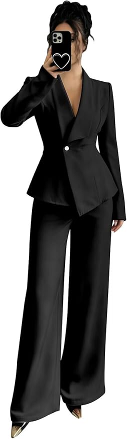 Pant Suits for Women Dressy 2 Piece Womens Pantsuit Long Sleeve Lapel V-Neck Formal Outfit for Wedding Guest