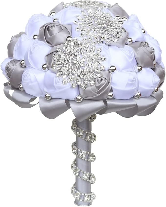 Bridal Wedding Bouquet with Gold Rhinestone Pearl for Quinceanera Bride Bridesmaid Satin Rose Flower Brooch Bouquet Wedding Silver Gray and White 8.3in