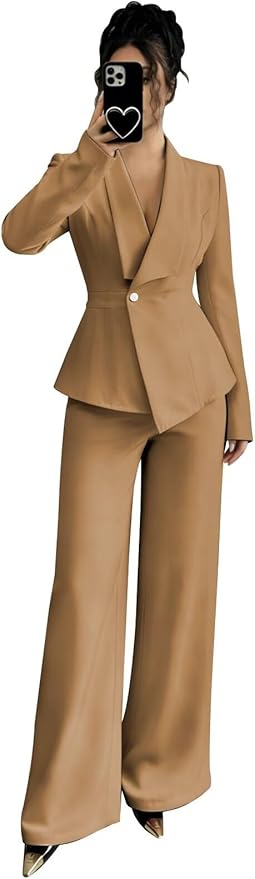 Pant Suits for Women Dressy 2 Piece Womens Pantsuit Long Sleeve Lapel V-Neck Formal Outfit for Wedding Guest