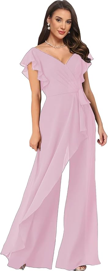 Chiffon Mother of The Bride Jumpsuits for Women Asymmetrical Pant Suits Flutter Sleeve V Neck Formal Evening Outfits
