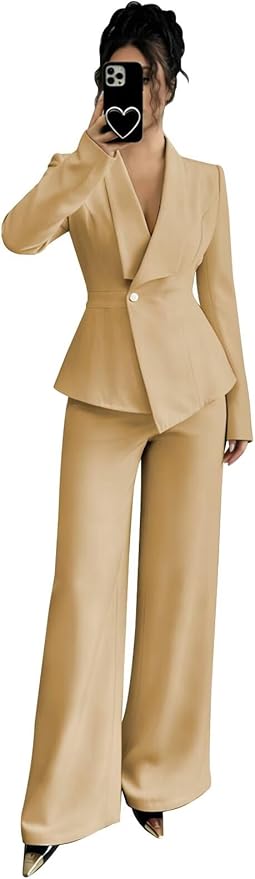 Pant Suits for Women Dressy 2 Piece Womens Pantsuit Long Sleeve Lapel V-Neck Formal Outfit for Wedding Guest