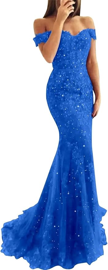 Tulle Long Prom Dresses Off The Shoulder Mermaid Dress with Elegant Laces Appliques Formal Evening Party Gowns