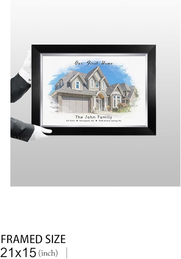 IPIC - Custom Watercolor House Portrait.Personalized Artwork with Names and Date on, Customized Gift for Anniversary,Wedding,Birthday and Holidays. Picture size: 18x12, Framed Size: 21x15