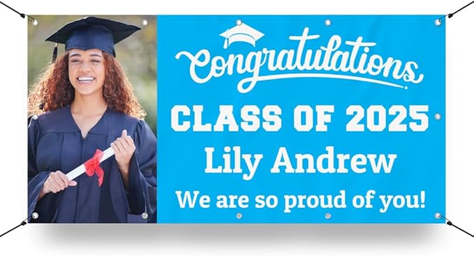 Personalized Graduation Photo Vinyl Banner Sign - Class of 2025 Custom Photo and Name - Milweb1 - Light Blue - 4'x8'