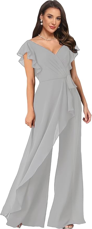 Chiffon Mother of The Bride Jumpsuits for Women Asymmetrical Pant Suits Flutter Sleeve V Neck Formal Evening Outfits