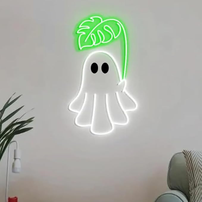 Cute Ghost Monstera Neon Sign, Cute Ghost Neon Light, Monstera Leaf Wall Art, Gifts for Plant Obsessed, Cute Plant Gifts Size:H15 x W8inches
