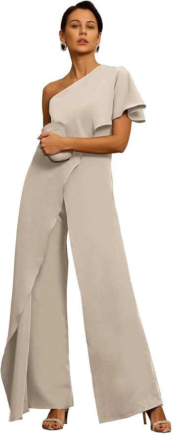 Mother of The Bride Jumpsuit Chiffon One Shoulder Ruffles Wedding Guest Pantsuit for Women