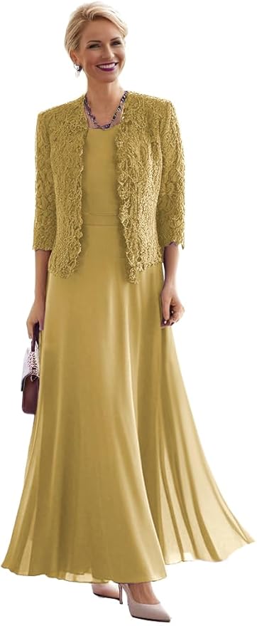 2 Pieces Mother of The Bride Dresses for Women Laces Mother of The Groom Dress 3/4 Sleeve Chiffon Formal Evening Dresses