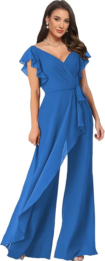 Chiffon Mother of The Bride Jumpsuits for Women Asymmetrical Pant Suits Flutter Sleeve V Neck Formal Evening Outfits