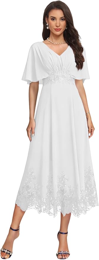 Tea Length Mother of The Bride Dress with Sleeves Laces Formal Evening Gowns for Wedding V Neck Wedding Guest Gown ZMX37
