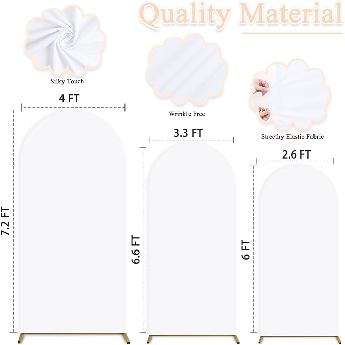 White Wedding Arch Cover Set of 3 (7.2FT, 6.6FT, 6FT) Arch Frame Covers Spandex Fitted Arch Backdrop Cover for Round Top Chiara Arch Backdrop Stands Cover for Wedding Shower Prom Birthday Party Decor