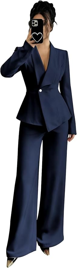 Pant Suits for Women Dressy 2 Piece Womens Pantsuit Long Sleeve Lapel V-Neck Formal Outfit for Wedding Guest