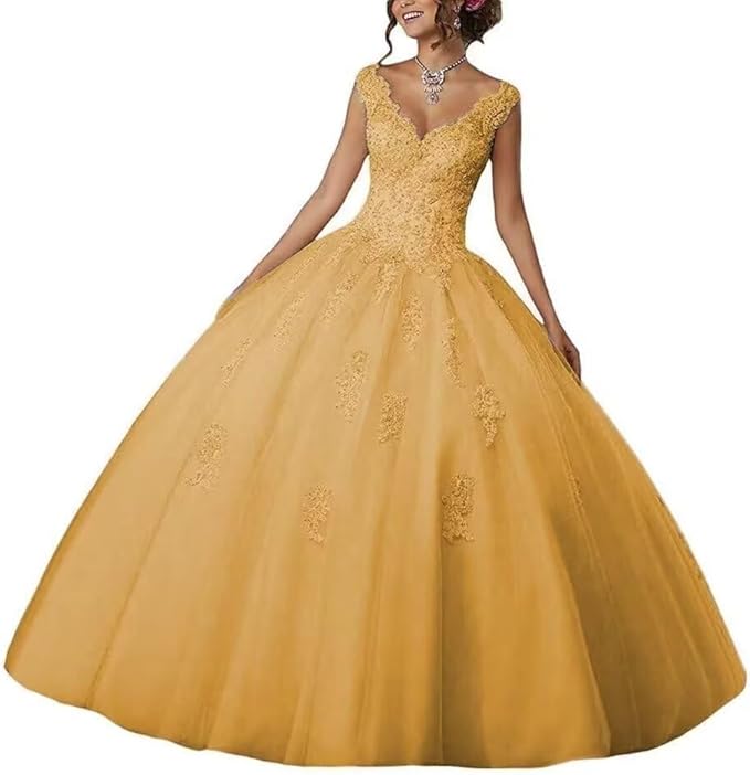 Laces Appliques Long Ball Gown Puffy Tulle Quinceanera Dresses Wedding Dresses with Sleeveless