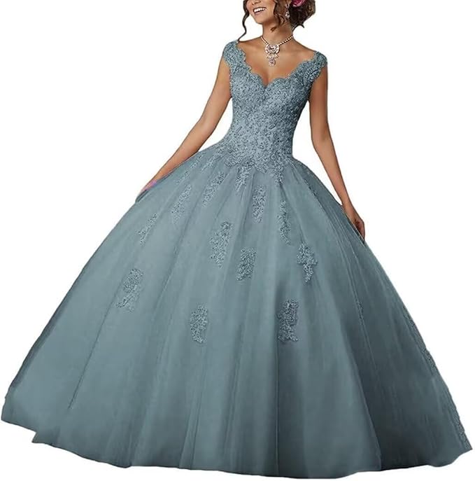 Laces Appliques Long Ball Gown Puffy Tulle Quinceanera Dresses Wedding Dresses with Sleeveless