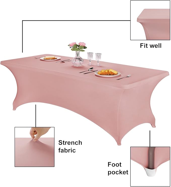 FORLIFE Spandex Table Covers - Fitted 8ft Rectangular Tablecloths, Stretch Patio Table Covers, Universal for Wedding, Banquet, Party (Dusty Rose) - Pack of 4