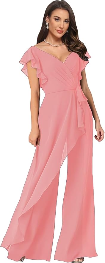 Chiffon Mother of The Bride Jumpsuits for Women Asymmetrical Pant Suits Flutter Sleeve V Neck Formal Evening Outfits