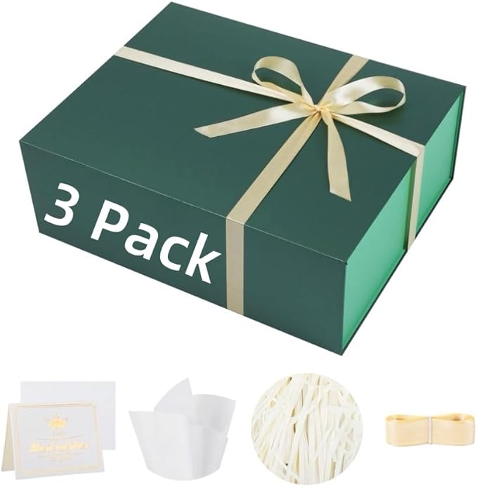 UoeRing 3 Pack Extra Large Green Gift Box 20x16x7 inch Luxury Gift Box for Presents with Magnetic Closure Lid Collapsible,Birthday,Christmas,Contains Card, Ribbon,Tissue Paper,Shredded Paper Filler