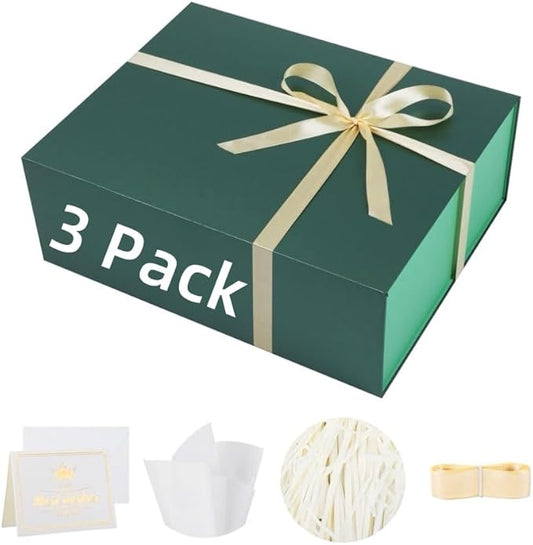 UoeRing 3 Pack Extra Large Green Gift Box 20x16x7 inch Luxury Gift Box for Presents with Magnetic Closure Lid Collapsible,Birthday,Christmas,Contains Card, Ribbon,Tissue Paper,Shredded Paper Filler
