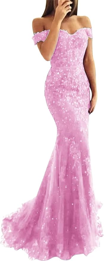 Tulle Long Prom Dresses Off The Shoulder Mermaid Dress with Elegant Laces Appliques Formal Evening Party Gowns