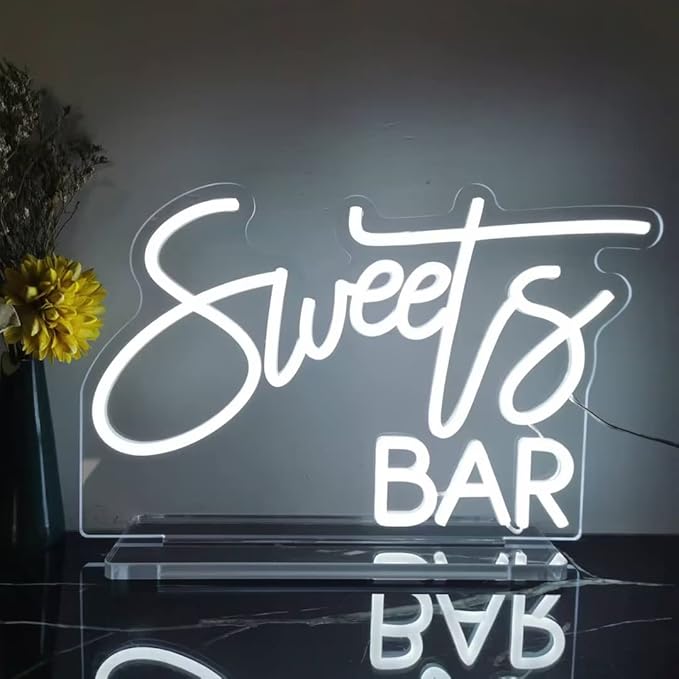 Sweet Bar Neon Sign, Handmade White LED Neon Light with Stand for Wedding Reception, Baby Shower, Home Mimosa Candy Buffet, Birthday Party, Dessert Table Sign - 15''